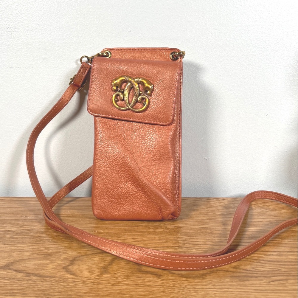 Sharif Metallic Copper Pebbled Leather Phone Crossbody Bag Brass Animal Emblem